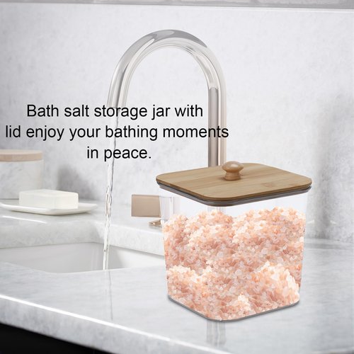 Yomjarl Bath Salt Container,2 Pack Clear Plastic Storage Bathroom Canisters with Wooden Lids & Handle,Airtight Bath Salt Dispenser Jars for Bathroom Organization Accessories,Bathtub Decor Box