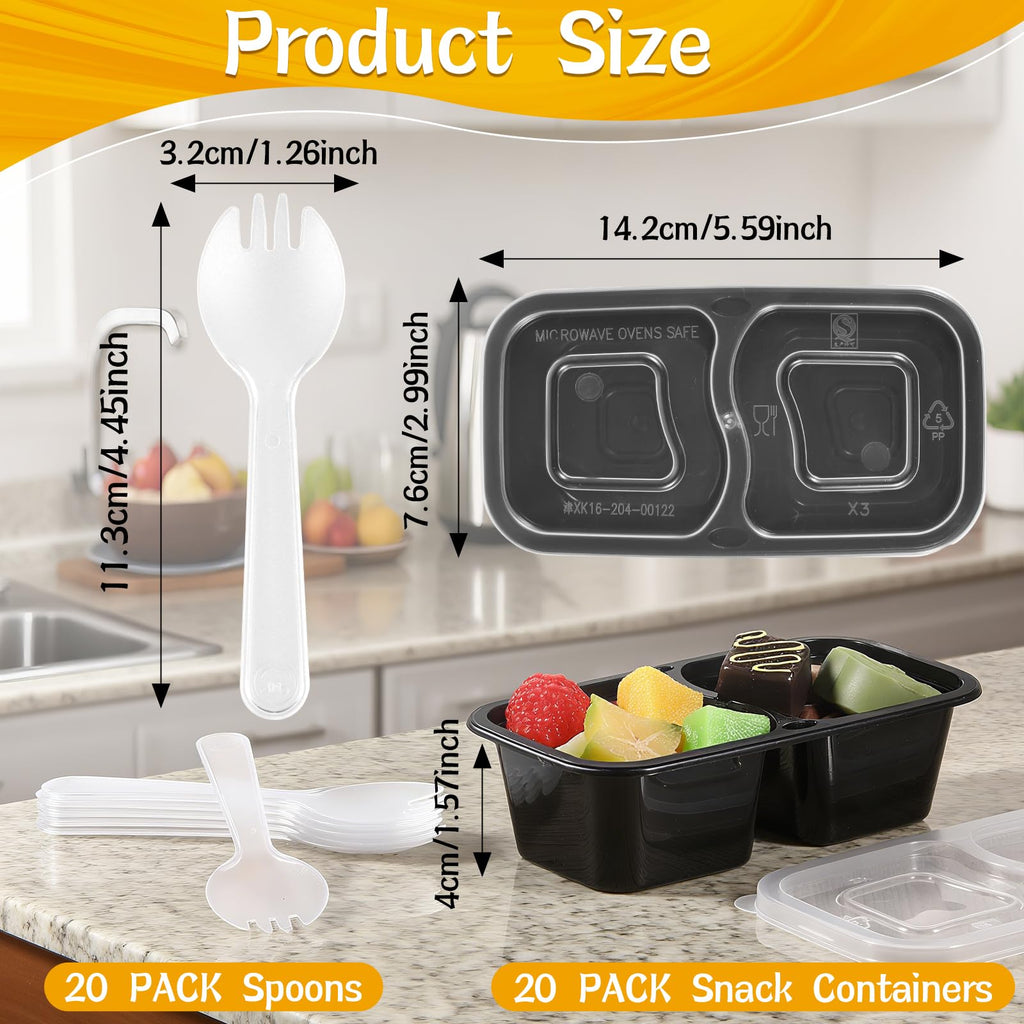 Teenyyou 20 Sets Reusable Snack Containers with Lids & Spoons Double Compartment Snack Containers for School Office Lunch Take Out Sauces Dips Microwave Safe (Black,Clear)