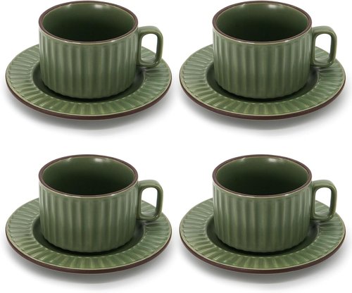 DOWAN Cappuccino Cup Set - 8 OZ Ceramic Coffee Mugs with Saucers | Elegant Ribbed Design for Home & Café