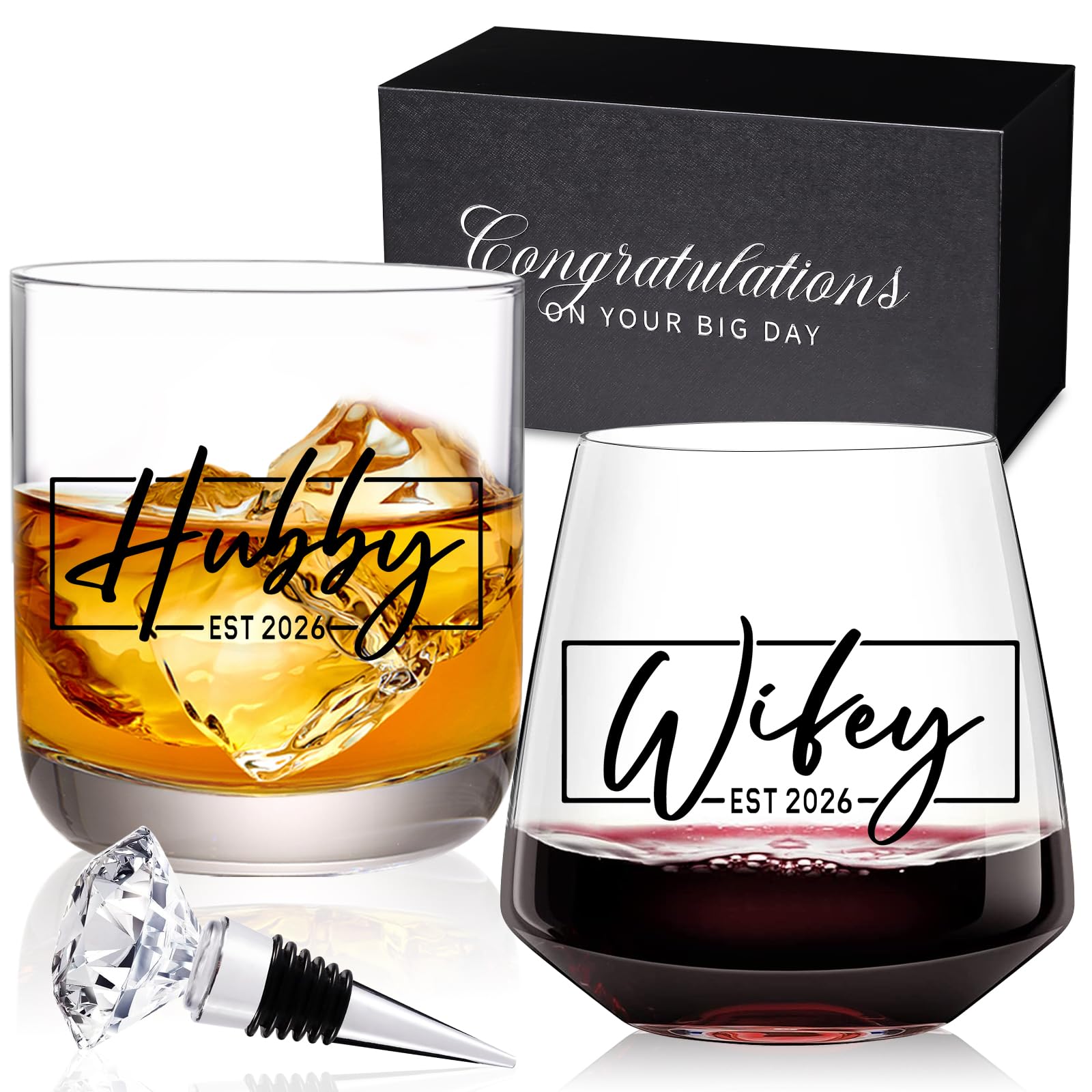 comfit Wedding Gifts for Couples 2026,Bridal Shower Gifts, His and Hers Gift,Whiskey Wine Glasses with Diamond Wine Stopper Set，Anniversary Christmas Gift for Couples，Hubby and Wifey