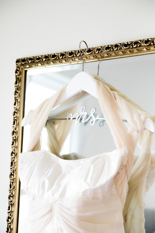 Pearhead Mrs. Wedding Dress Hanger, Wooden Bridal Gown Hanger with Cursive Wire Lettering, Wedding Photo Prop and Bridal Keepsake, White and Silver