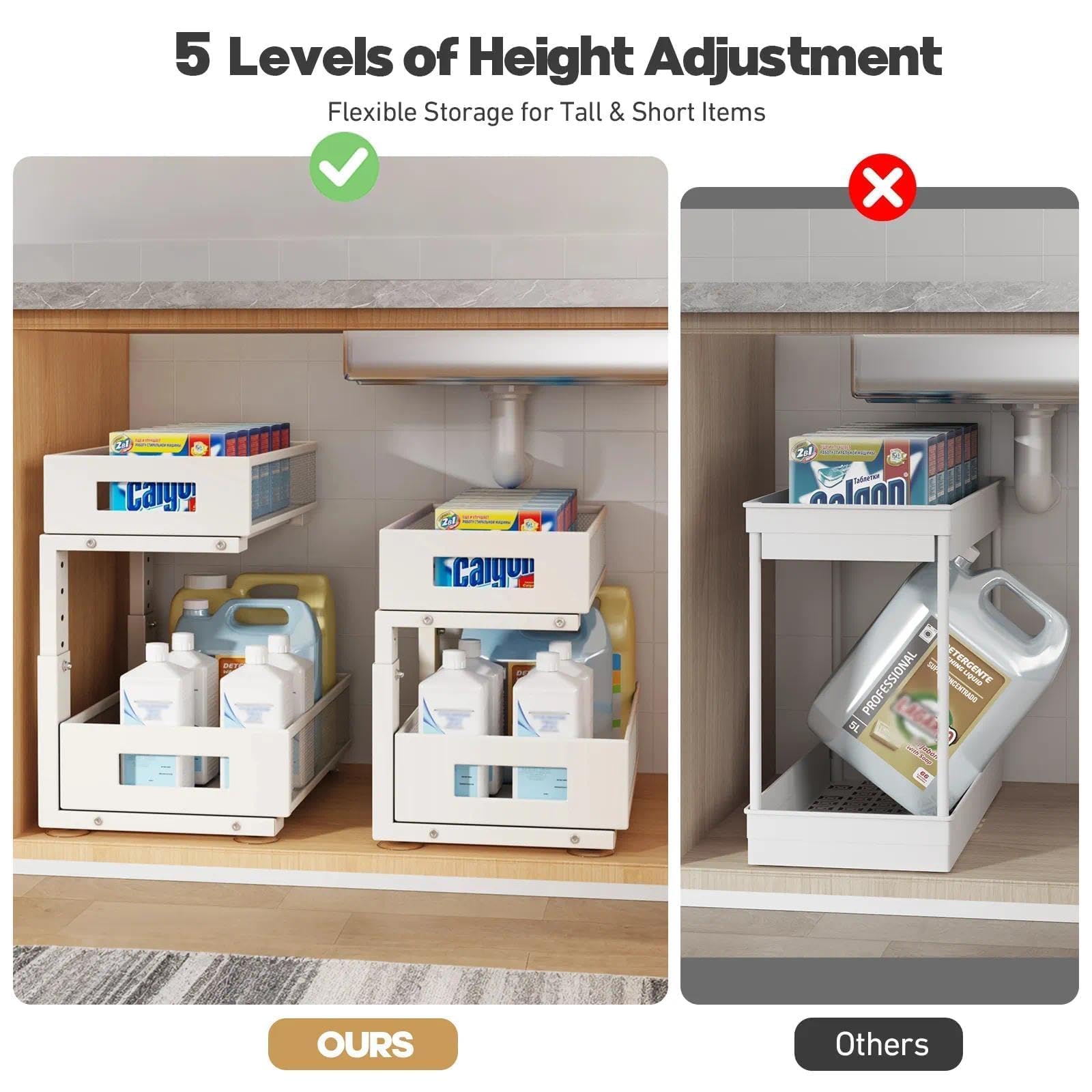 Under Sink Organizer, 2-Tier Dual Pull Out Cabinet Organizer Drawers With Smooth Circular Rail, Large Capacity Metal Mesh Sliding Shelves For Bathroom& Kitchen Storage,Height Adjustable–White,2 Packs