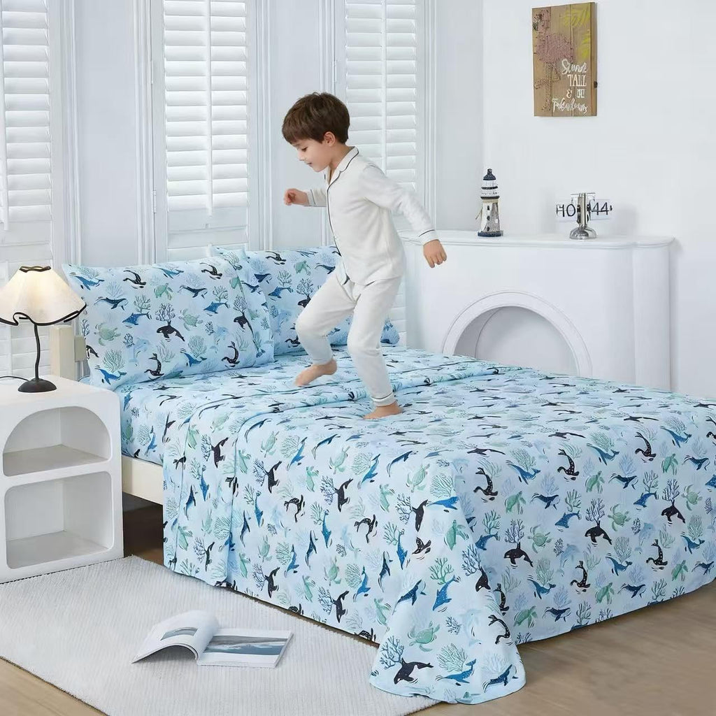 Viviland 3 Pieces Boys Blue Ocean Twin Sheet Set - Soft Microfiber Fitted Flat Sheets & Pillowcase - Blue Ocean Whales, Sea Turtles, Marine Organisms Bedding Sets - for Kids & Toddlers