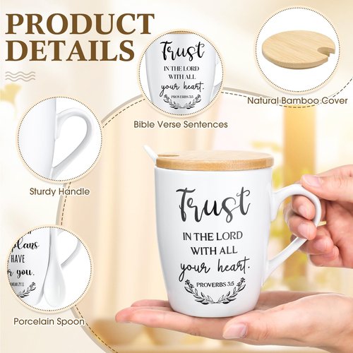 Patelai 12 Set Christian Mugs Bulk 12oz Inspirational Bible Verse Ceramic Coffee Mug with Lid Handle Spoon Religious Gifts for Sunday School Church Men Women Coworker(English)