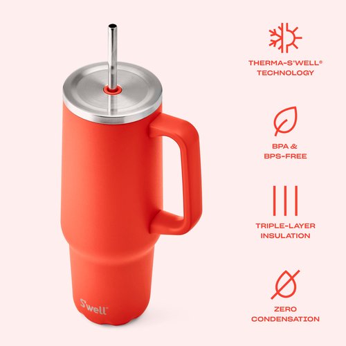 S'well Recycled Stainless Steel Tumbler XL with Straw and Handle, 40oz, Radiant Coral, Triple Layered Vacuum Insulated Container Keeps Drinks Cold 50 hours and Hot for 10, BPA Free