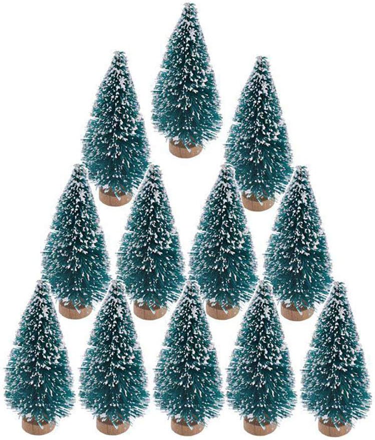 Skiennix Mini Bottle Brush Christmas Trees - 24 Pack with Wood Base | Artificial Winter Decor (Blue-Green)