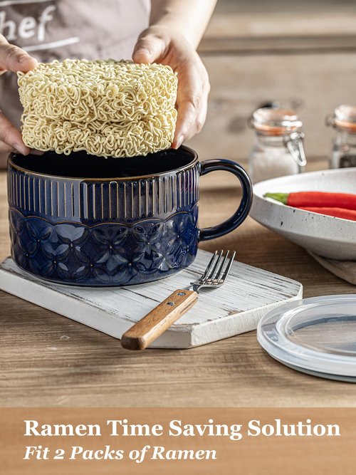 Gomakren Soup Bowl with Handle 39oz, Microwave Ramen Bowl with Lid, Ceramic Soup Container Mug Cup for Ramen Cereal Office Lunch Dorm, Cobalt Blue