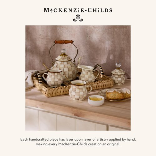 MACKENZIE-CHILDS Sweets Jar with Enamel Lid, Small Glass Cookie Jar or Kitchen Jar, 0.5-Gallon Capacity, Brown-and-White Mocha Check