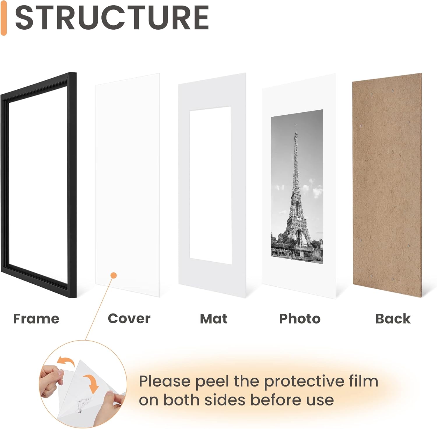Upsimples 8.5x14 Picture Frame Set of 5 - Display 7x10 Photos with Mat or 8.5x14 Without | Black Wall Gallery Frames
