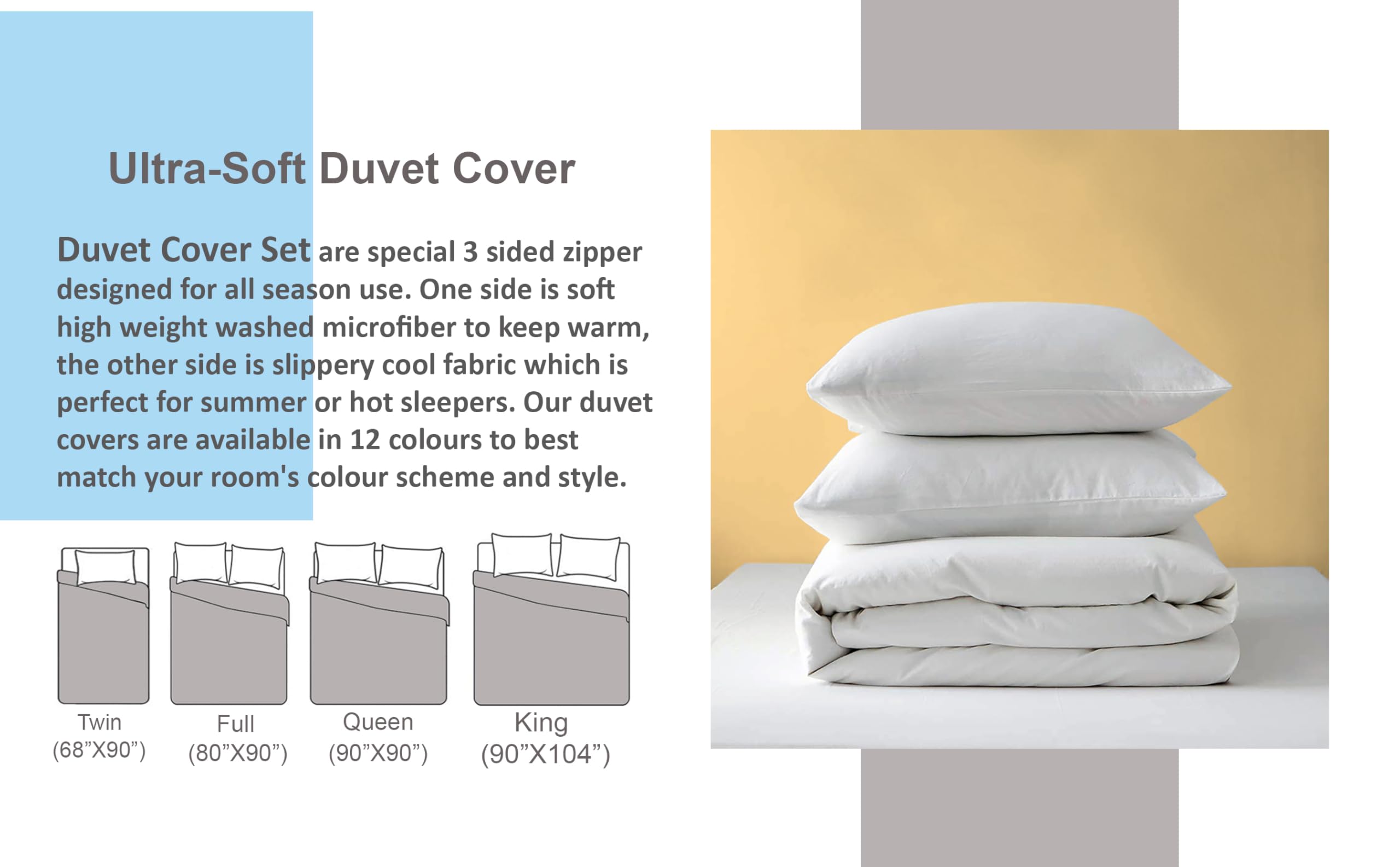 3 Side Zipper Duvet Cover Set King Size White - Soft Microfiber Duvet Cover Set with 3 Sided Zipper Closure, King Size Duvet Cover (90"x104") & 2 Pillow Cases(20"x36"), NO Comforter