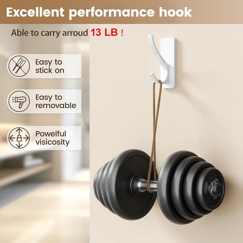 Pickpiff White Self-Adhesive Coat Hooks - 13LB Extra Strong Stainless Steel Wall Hooks | 10 Pack for Towels, Utensils, and More
