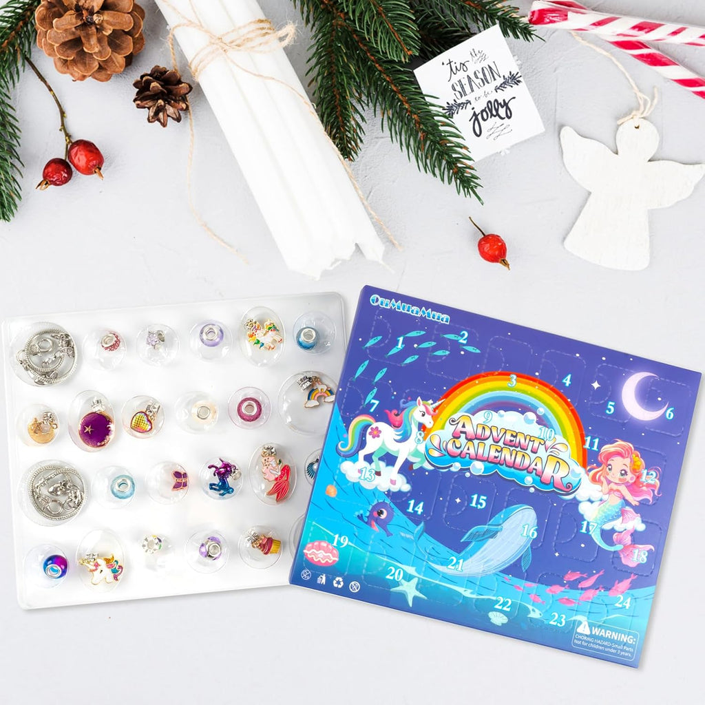 OuMuaMua Advent Calendar Charm Bracelets 2025 - 24 Days Christmas Countdown with DIY Mermaid & Unicorn Jewelry Kit for Girls & Women