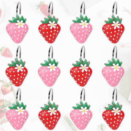 Whaline 12Pcs Strawberry Daisy Shower Curtain Hooks Red Pink Strawberry Summer Shower Rod Rings Decorative Resin Curtain Hanger Hooks for Living Room Bedroom Bathroom Decor