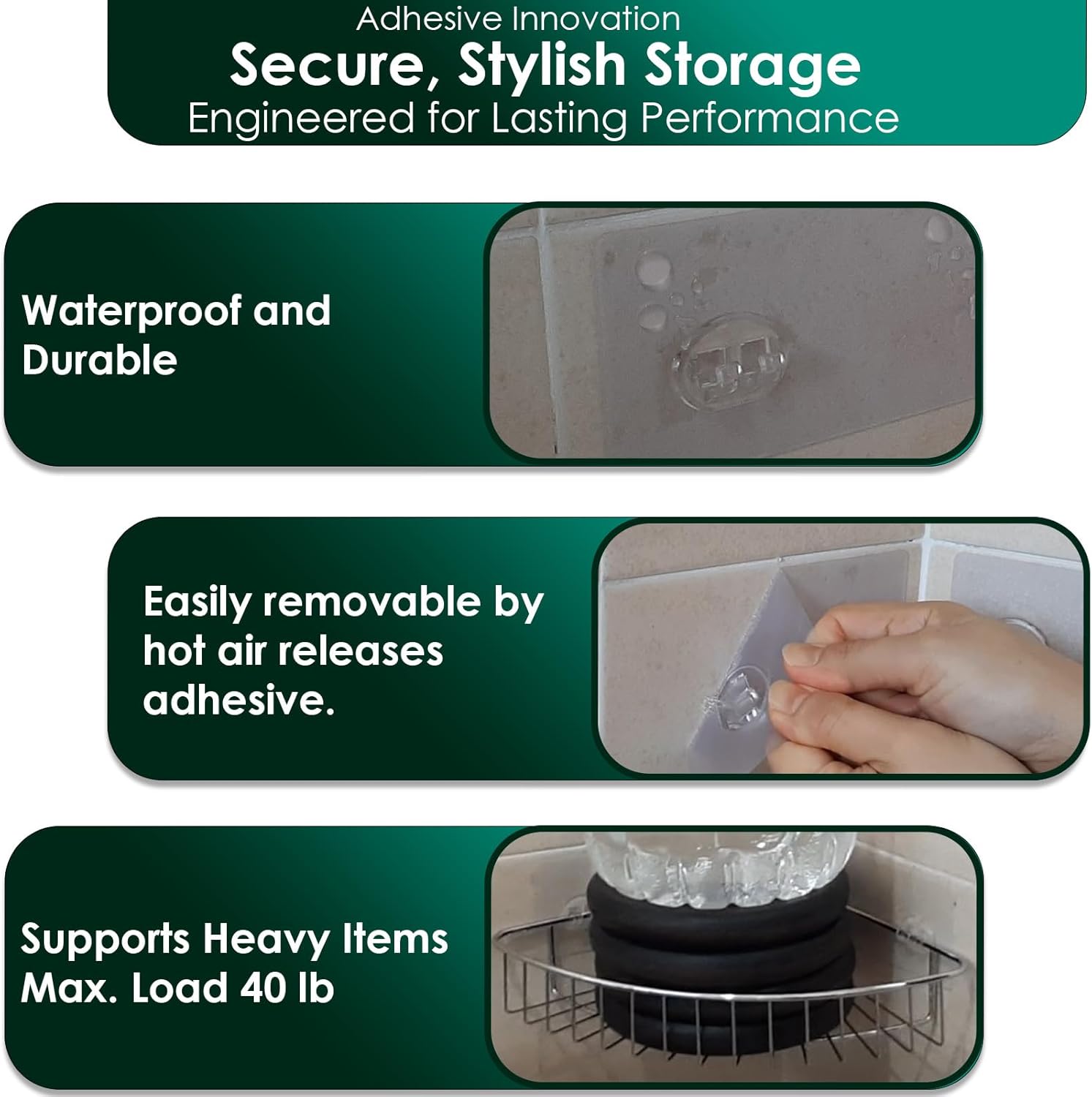 Skiennix Shower Caddy Adhesive Replacement Stickers - 4 Pack Sticky Pads with 3 Hooks for Easy Installation