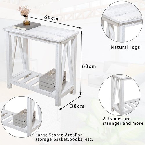 FEUFOAM Farmhouse Narrow End Table Wooden Rustic White Side Tables with Storage Shelves Narrow Sofa Table for Small Spaces Living Room Bedroom Bathroom Dorm