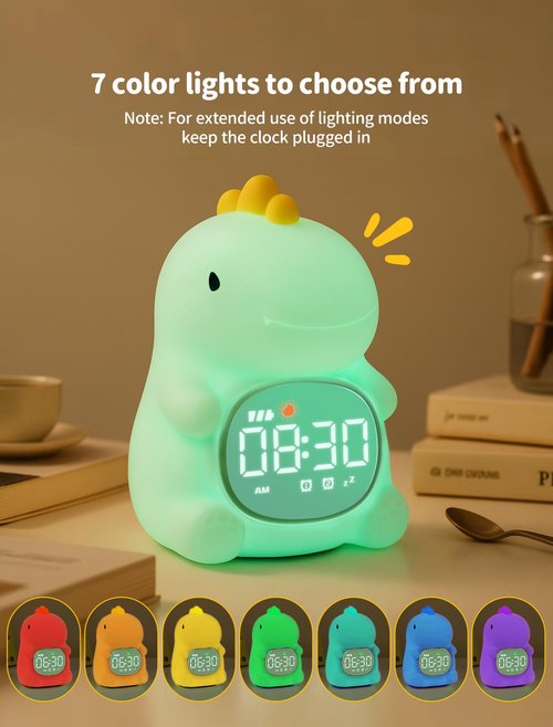MASHI Dinosaur Alarm Clock with Night Light, Toddler Sleep Training Clock with Sun & Moon, Sleep Sound Machine, ok to Wake Clock for Kids, Digital Alarm Clocks for Bedrooms,Gift Ideas for Kids Child
