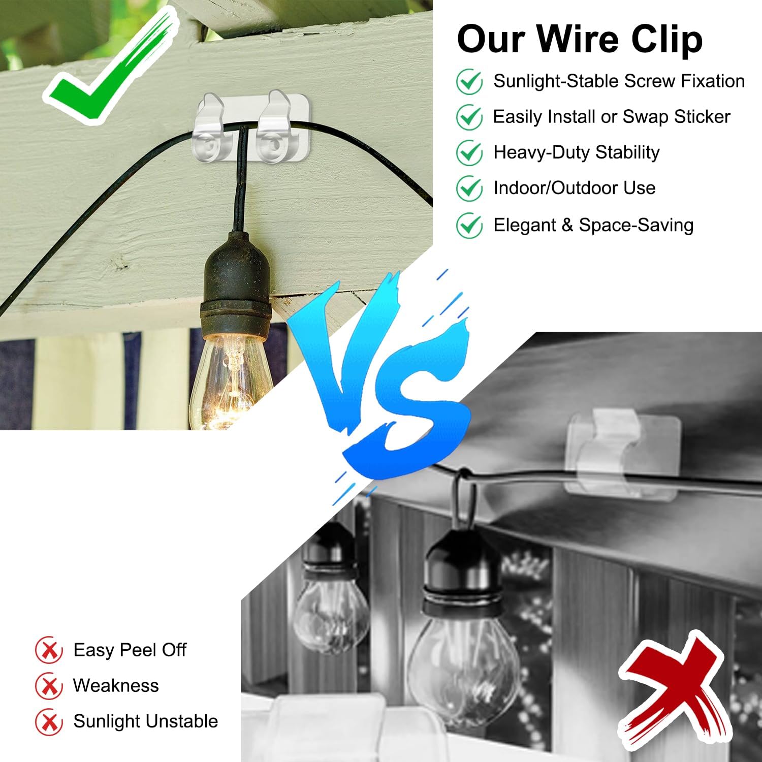 Outdoor Light Clips - 50 Heavy-Duty Waterproof Adhesive Clips for Hanging LED Lights | Perfect for Weddings & Patios