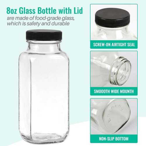 CAKKVDE 8 oz Glass Juice Bottles with Lids 6 Pack,Reusable Glass Drink Bottles,250ml Water Drinking Jars for Milk,Juicing,Kombucha,Ginger,Beverage Glassware,Juice Drinking Jars