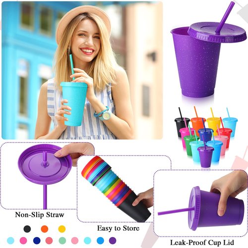 Potchen 72 Pcs Glitter Reusable Tumbler with Straws and Lids, Plastic Cup with Lids and Straws Bulk, Water Bottle Iced Coffee Cold Drink Travel Mug, Colorful Cups for Party Birthdays