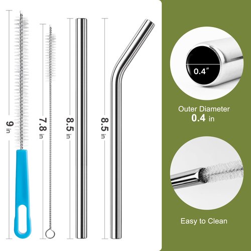 Diumepo Stainless Steel Smoothie Straws-0.4" Extra Wide Reusable Metal Drinking Straws for Milkshake, Bubble Tea, Beverage, 6 Pack Metal Straw with Cleaning Brush
