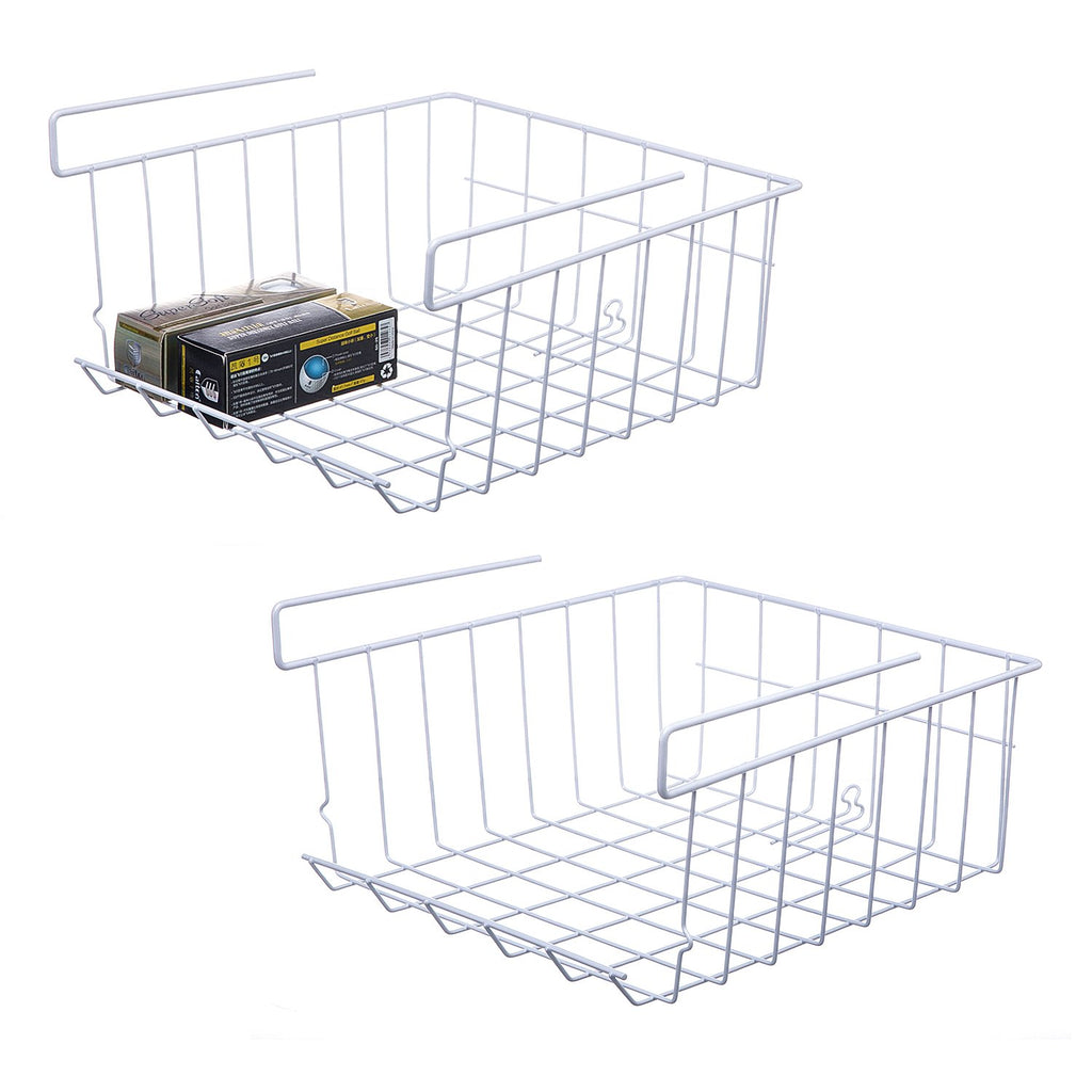 Lonians 2-Pack Under Shelf Hanging Storage Baskets - Metal Wire Rack Organizer for Kitchen, Pantry, Cabinet, Bathroom, Desk - Space Saving Shelf Extender (White, Large)