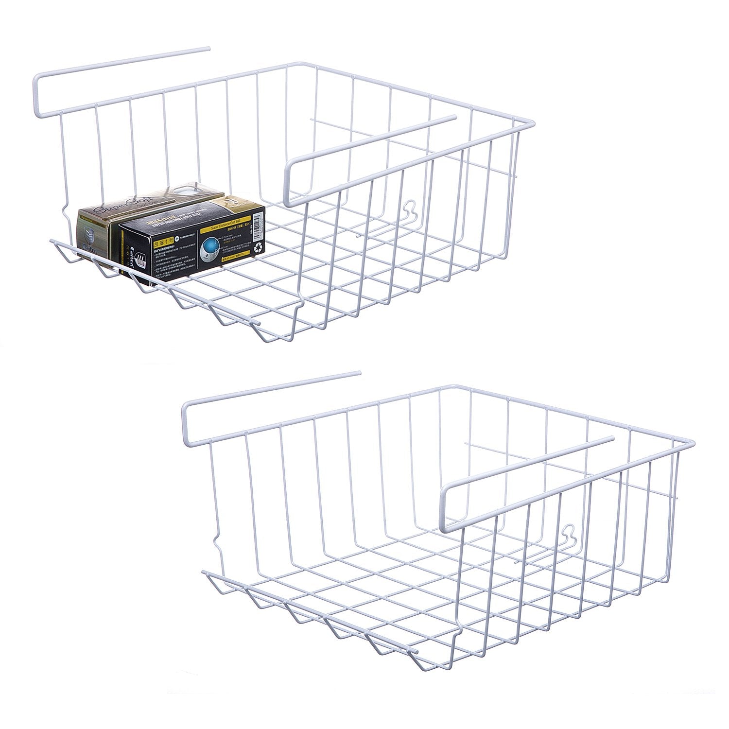 Lonians 2-Pack Under Shelf Hanging Storage Baskets - Metal Wire Rack Organizer for Kitchen, Pantry, Cabinet, Bathroom, Desk - Space Saving Shelf Extender (White, Large)
