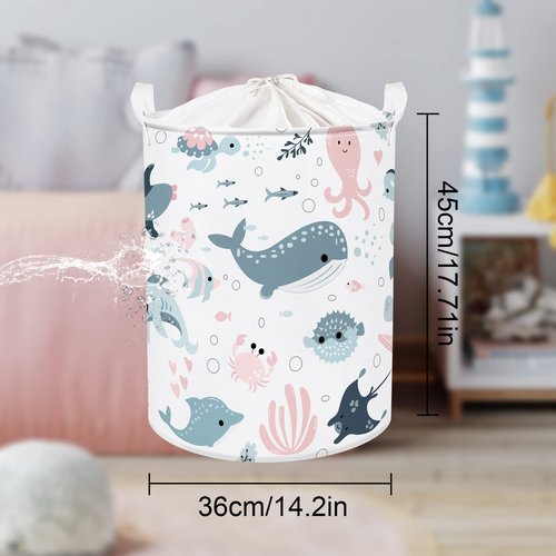 Clastyle Marine Animals Bubbles Kid Laundry Basket with Lid Foldable Sea Shark Dirty Clothes Hamper Round Toy Clothes Pool Beach Towel Basket, Pink Mermaid, 36 * 45 cm