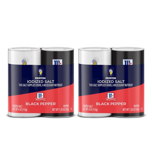 Morton Shaker Set - Iodized Salt (4 oz) & McCormick Ground Pepper (1.25 oz), 2-Piece Set (Pack of 2) for Cooking & Seasoning