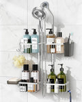 MSAICOE Adjustable Shower Caddy Hanging for Handheld Showerheads - Never Rust Shower Hanging Organizer, Upgraded Bathroom Shower Rack with Soap Basket, Hooks and Toothbrush Holder (Silver)