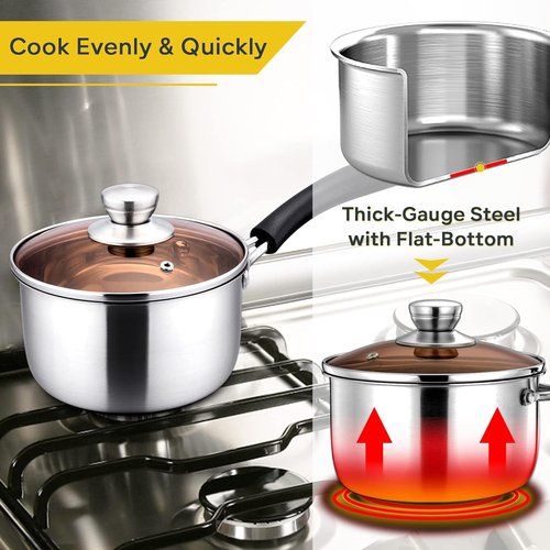 E-far 1 Quart Stainless Steel Saucepan with Glass Lid - Easy Clean & Rust-Free Cookware