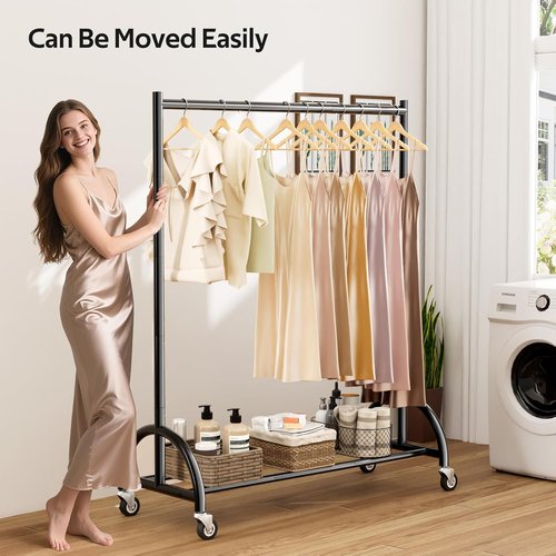 MISSLO Heavy Duty Clothing Rack - Rolling Garment Rack with Wheels for Coats & Dresses | Black