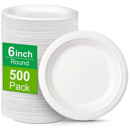 Greconv 6 inch Small Compostable Dessert Paper Plates - 500 Pack, Made from Sugarcane Fibers