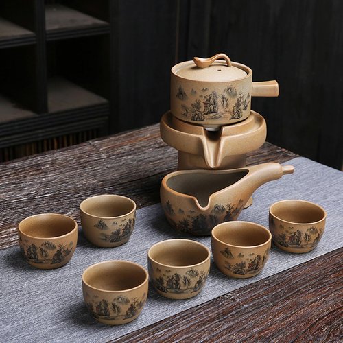 Chinese Gongfu Tea Gift Set, Semi-Automatic Stone-Mill Design Ceramics Tea Set Rotate TeaPot 6 Cups for Adults Men Women Tea Ceremony Party Home Office Decor (landscape)