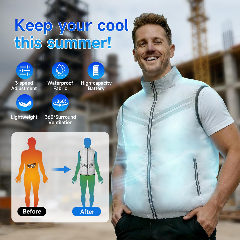 MOSILA Cooling Vest for Men with Battery Pack 2PCS Fan 7.4V Electric Cooling Air Reflective Jacket UV Protection Vest Battery Powered Air Conditioned Clothes Cool Jacket for Hot Weather-M
