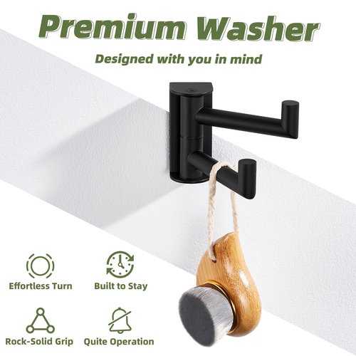 APLusee Swivel Towel Hook 2 Arms Matte Black, 304 Stainless Steel Bathroom Double Towel Holder, Folding Robe Hook Wall Mounted