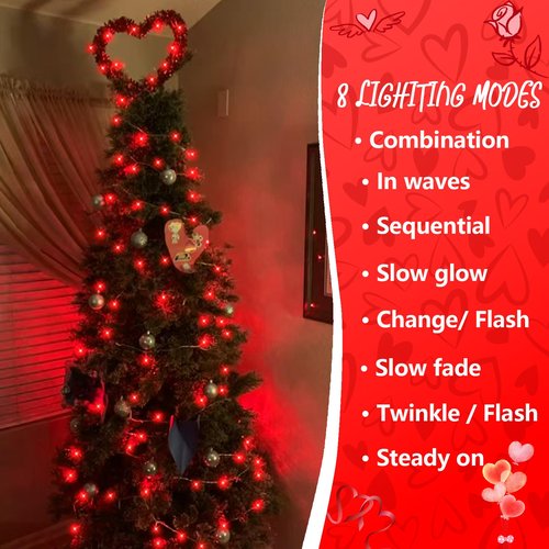 YEGUO Valentine‘s Day Lights Battery Operated, 2 Pack Each 33ft 100 LED Red String Lights Outdoor Waterproof, Clear Wire Christmas Light Indoor with Remote