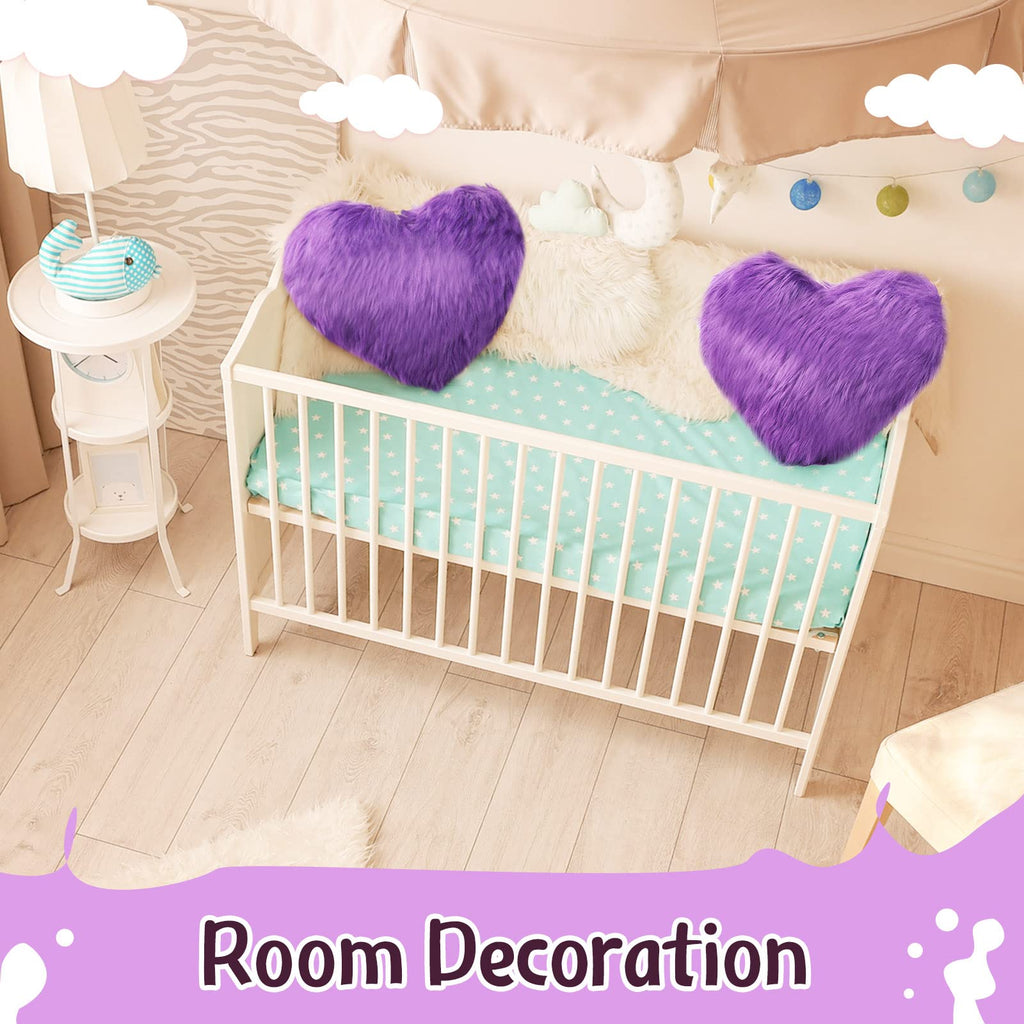 Enhon 2 Pcs Fluffy Heart Pillows Faux Fur Heart Shaped Plush Pillow Soft 20 x 15.7 Inch Love Throw Pillows with Insert for Decorative Office Home Bedroom Living Room Sofa(Violet)