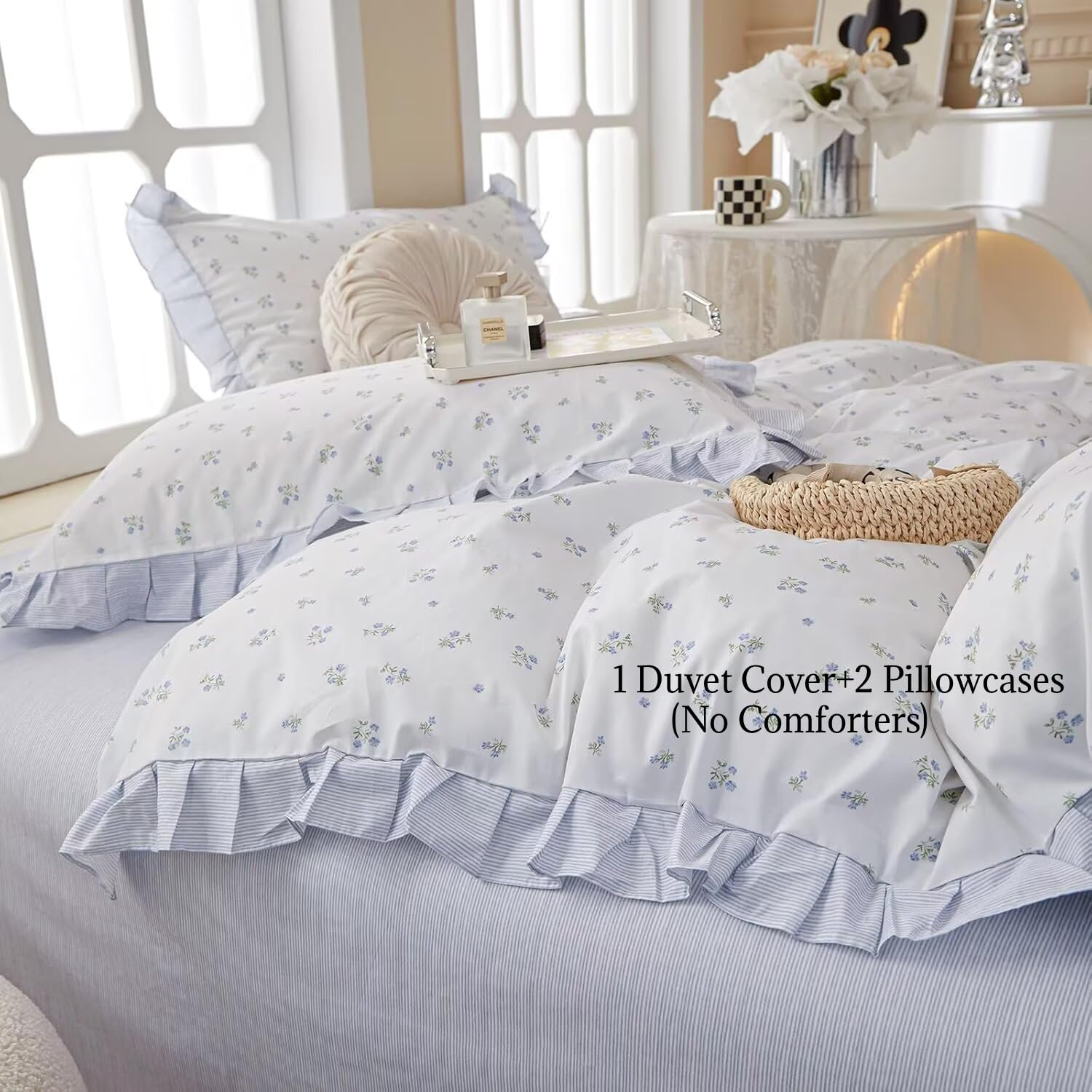AMZTOP Duvet Cover Queen Size Chic Blue Ruffle Floral 100% Cotton Set, 3Pcs Teen Girls Flower Comforter Cover with Zipper Closure, Princess Queen Bedding Sets 90"x90"