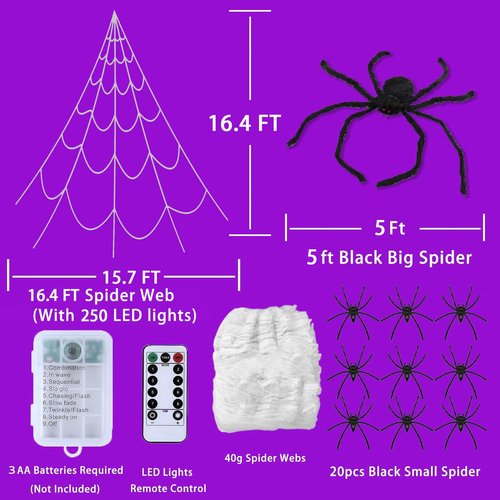 Halloween Decorations, 16.4FT Diameter Spider Web Lights with Black 5FT Spider, 250 LED Waterproof Net Lights, Remote Control, 8 Modes Cobweb for Yard House Garden Outdoor Indoor Party Haunted Decor