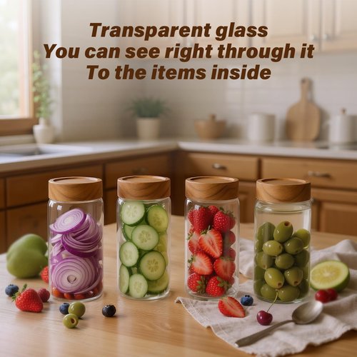 Zoaiirte 6 -Piece 13 fl oz Food-Grade Glass Mason Jars with Acacia Wood Lids, Sealable Waterproof, Transparent Easily Stackable for Overnight Oats, Spice Storage & Snack Organizing