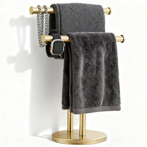Hand Towel Holder, NEWRAIN Double Countertop Hand Towel Holder Stand, Stainless Steel Free Standing Hand Towel Rack with Heavy Base, for Bathroom Kitchen & Counter top, Brushed Gold