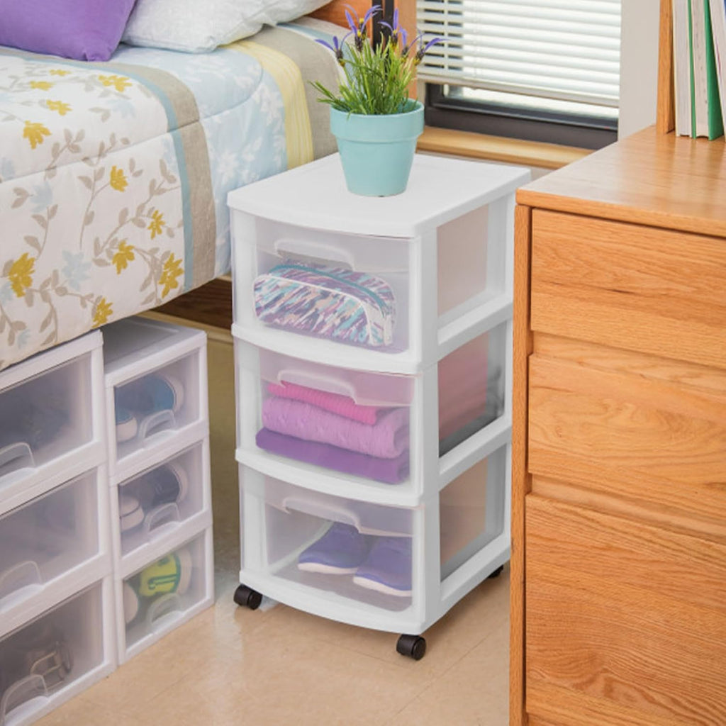 Sterilite 3-Drawer Rolling Storage Organizer - Versatile Plastic Bin Cart for Closet - White, 6 Pack