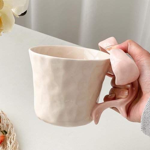 Movlen Pink Ceramic Coffee Mug with Bow Handle, Cute Girly Cup for 14oz, Handmade Kawaii Soup Mug for Latte Tea Milk Cocoa, Pretty Birthday Valentine Gifts for Women and Girls