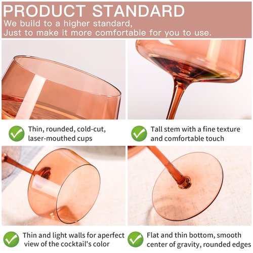 comfit Brown Coupe glasses Set of 6-13 oz Large Capacity Martini Glassware - Amber Colored Cocktail Glasses- 【Hand-Blown】 Colored Champagne Glass-Valentine's Day,Wedding Gifts