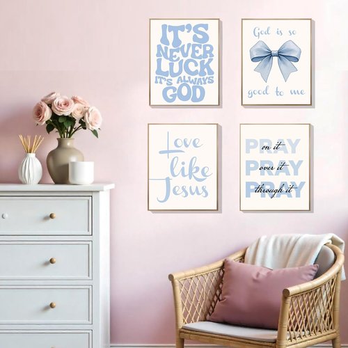 EVER-GOING TUNE Gray Blue Jesus Wall Decor Set of 4 - Inspirational Bible Verse Art for Girls' Bedrooms | 8x10 Unframed