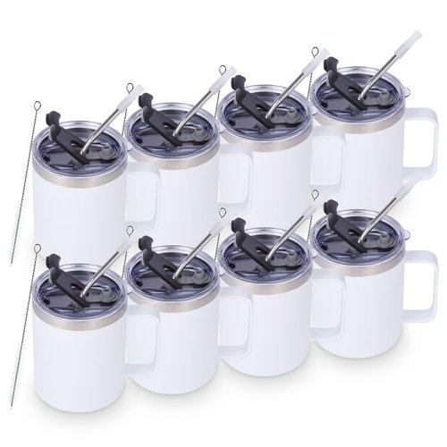 Volhoply 12oz Insulated Leakproof Coffee Mug with Flip & Straw Lid Bulk 8 Pack,Not Suitable for Sublimation,Double Wall Vacuum Stainless Steel Travel Tumbler Cup with Handle(White,8 Set)