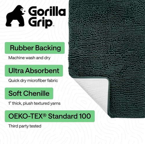 GORILLA GRIP Bath Rug Mat - Soft Absorbent Chenille | Quick Dry Microfiber, 44x26, Hunter Green
