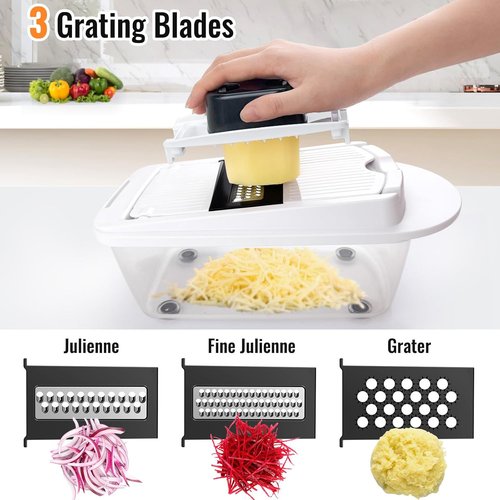 12 Blade Vegetable Chopper Mandoline Slicer - All-in-One Kitchen Gadget with Container | White