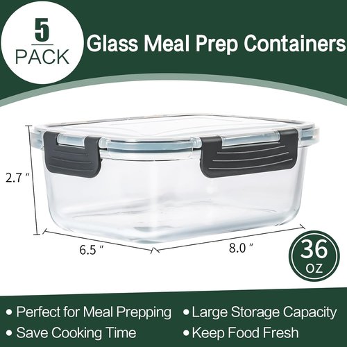 CEKEE Glass Meal Prep Containers - Airtight 36 OZ Food Storage Set | 5 Pack, Microwave & Dishwasher Safe