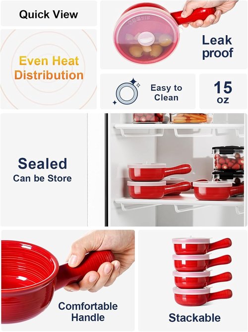 LE TAUCI Soup Bowls - Non-Toxic Ceramic with Silicone Lids & Handles | 15 Oz Set of 2 in Red